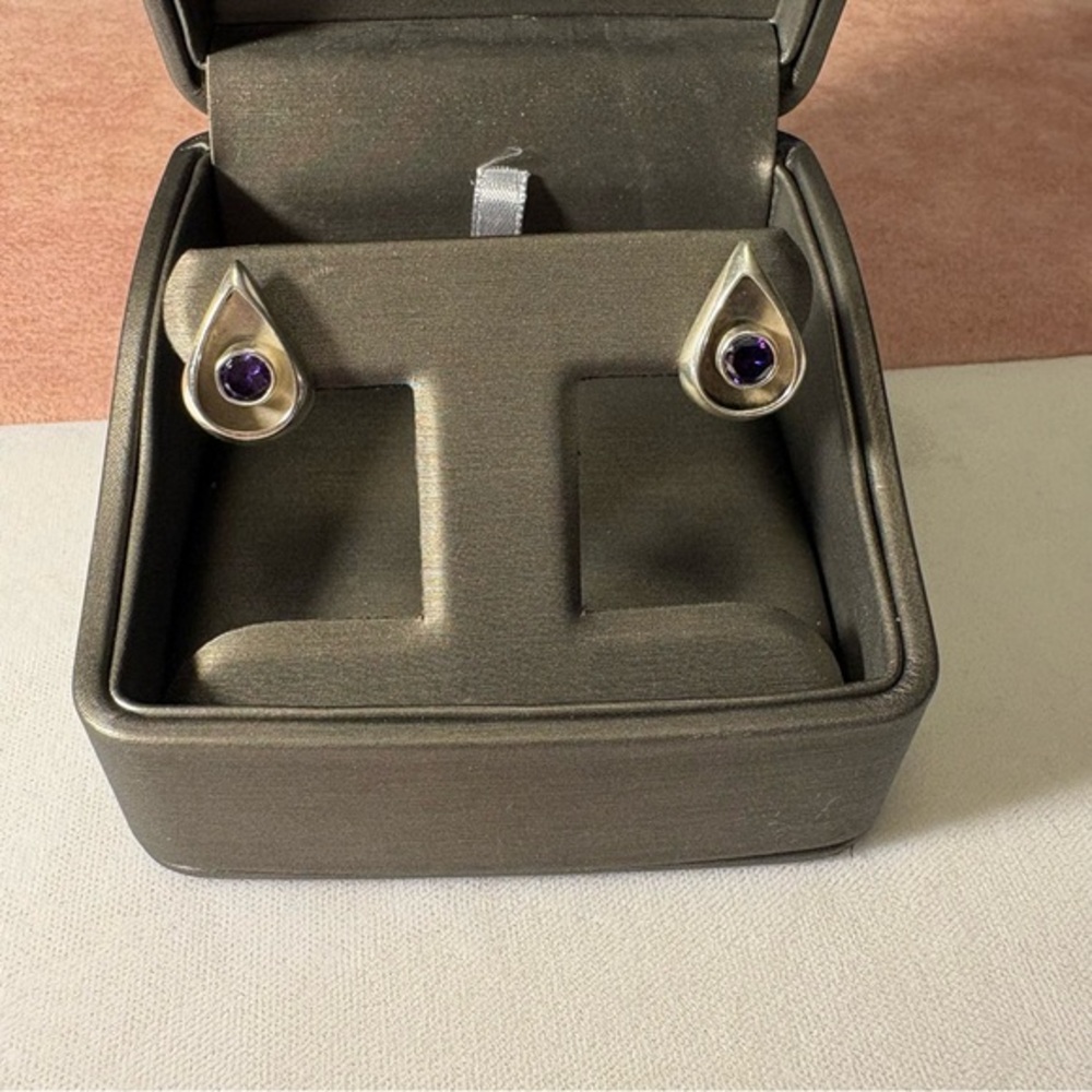 Sterling Silver Teardrop Stud Earrings with Amethyst Stones